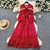 High-End Neckline Bow Tie Lantern Sleeve Lace Lace To Receive Waist Wave Dot Skirt Chiffon