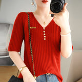 Toloer 2024 New Short Knit Women's Fashion Slim Short-Sleeve T-Shirt Thin Medium Sleeve Top-Outfit