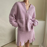 Autumn Knitted Two Piece Set Women Skirt 2021 Korean Fashion Long Sleeve Knit Sweater High Waist Split Mini Skirt Suits 2