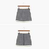 Women's Houndstooth Two-Piece Set Female Korean Sailor Collar Single-Breasted Short Coat and High Waist Bag Hip Mini Skirt