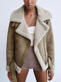 2022 Winter Women Faux Shearling Jackets Sheepskin Fake Leather Jackets Coat Lady Thick Warm Suede Lambs Short Brown