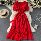 Women Elegant Solid Dress Retro Short Sleeve V Neck A-line Dresses Summer Korean Streetwear Midi Long Dress