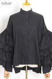 Loose Solid Shirt For Women Stand Collar Lantern Sleeve Patchwork Ruffle Single Breasted Chic Blouse Female 2023