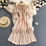 Women Off Shoulder Solid Dress Sexy Slash Neck Short Sleeve A-line Ruched Dresses Summer Bohemian Beach