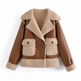Women Lambswool Faux Leather Patchwork Jacket 2021 Autumn Fashion Ladies Thick Pocket Streetwear Female Brown