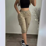 Toloer Women's Wear Tight Waist Slim Show Slim Casual Multi-Pocket Solid Color Cropped