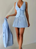 Solid V-neck Vest And Pleated Mini Skirt Set-Outfit