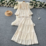Temperament Set Female Court Vintage Lace Spliced Lantern Sleeve Single-Button Shirt High-Waisted