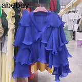 Striped Patchwork Ruffle Blouse For Women V Neck Long Sleeve Elegant Shirt Female Fashion Clothing