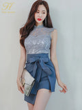 Han Queen Hot sale Summer Korean New OL Elegant Lace Hollow Out Tops + Bow Bandage Bodycon Mini Skirt 2 Pieces Suits Sexy Set-Outfit