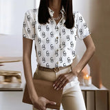 Lady Short Sleeve Print Shirt Top Casual Turn-down Collar Button Shirts For Women 2023 Spring Summer Slim Button Blouse-Outfit