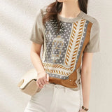 Short Sleeve Graphic Tee Shirt Women Knitted New O-Neck Loose Abstract Printing Rivet Fashion Casual Vintage Elegant Top-Outfit