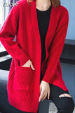 New Solid Knit Cardigan Long Sleeve Sweater Women Open Stitch Casual Pocket 2023 Loose Medium-long Cardigans Mujer