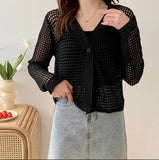 Korean Summer New Design Feel Hollowed-Out Long-Sleeved Pure Desire Knitted Cardigan Sunscreen Dress Girl-Outfit
