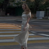 New Women's Wear Collar Bubble Sleeve Side Open Fork Wave Dot Long