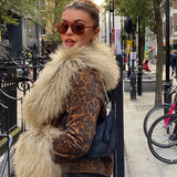 Sweetown Fur Trim Leopard Jackets Y2K Coats Women Vintage Grunge High Street Outwear Button Up Elegant Fashion Autumn