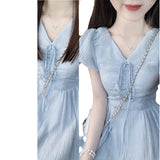 Toloer Sweet V Gets Blue Tie Belt Dress Female Summer New Style Close Waist Show Thin Fold Wrinkle First Love Long Skirt-Outfit