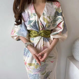Chic Summer French Elegant Cross V Collar Color Print Kink Waist Show Thin Tea Break Dress Woman-Outfit
