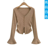 Fashion Women's Fashion Autumn And Winter New Spice Girl V-Neck Single-Breasted Flared Sleeve Knitted Cardigan Slim T-Shirt-Outfit