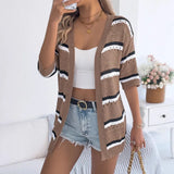 Shooting 2025 Spring And Summer Casual Striped Air Sleeve Knitted Knitted Holiday Cardigan Women's