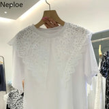 Woman Tshirts Lace Hollow Out Crochet Turn Down Collar Patchwork Short-sleeved Shirt Summer Casual Tops Clothing
