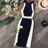Casual Women Dress Knitted O Neck Sleeveless White Stripe Side Elegant Midi Dresses Bodycon Female