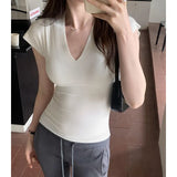 Version Of Ins Grey Slim V-Collar Short-Sleeved T-Shirt Women's Spring And Summer New Casual Fashion Blouse-Outfit