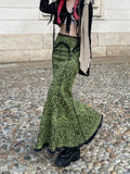 Green Lace Printed Trumpet Long Skirt-Outfit