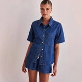 Summer New Water Wash Retro Solid Color Short Sleeve Shirt Shorts Denim Set