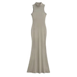 Trendy Women's Dress Is Full Of Style, Elastic, Slim, Half-High Collar, Sleeveless Vest, Long Skirt, Buttocks, Fishtail Dress-Outfit