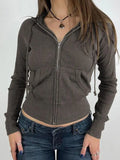 Solid Ribbed Zip Up Drawstring Hooded Long Sleeve Knit-Outfit