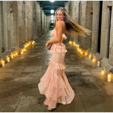 Pink Layered Ruffles Strapless Maxi Dress-Outfit