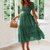 Toloer New Wish Burst Square Collar Bubble Sleeve Floral Dress Dress-Outfit