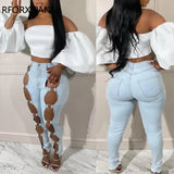 Women Fashion Clothes Hollow Out O-ring Decoration Skinny Blue Pencil Denim Jeans-Outfit