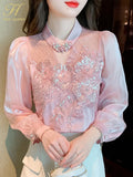 Han Queen Simple Autumn Blusas Elegant Bead Embroidery Blouses Womens Korean Loose Casual Vintage Shirts OL Office Work Tops-Outfit