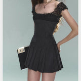 Black Pleated Strap Mini Dress-Outfit
