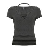 Sweet Style Simple Knitted Shirt Two Sets Of Striped Hanging Neck Hanging Sling + Half-Open Collar Long-Sleeved T-Shirt