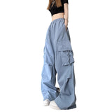 Toloer Speed Dry Cargo Pants Female Stereo Pocket High Waist Straight Tube Wide Leg Ribbon Loose Casual Floor