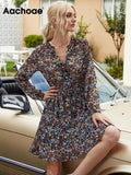 Summer Boho Floral Print Dress Women Lantern Long Sleeve Pleated Dresses V Neck Beach Mini Dress Female Roupa