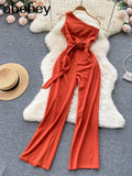 Women Satin Jumpsuit Summer Irregular V Collar Sleeveless Sexy Streetwear Strap dress Elegant Wide Leg Romper