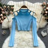 Women Korean Knitted Blouse Design Hollow Off Shoulder Long Sleeve Slim Tops Autumn Fashion Streetwear Short