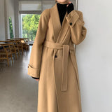 Women Minimalist Long Woolen Coat with Belt Full Sleeve Loose Warm Korean Ladies Overcoat Casual Outerwear Autumn