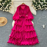 New Elegant Dress Spring Dress High-End Retro Collar Lantern Sleeves To Close Waist Lotus Leaves Side Pressure Skirt Dress