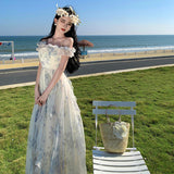 Toloer Seaside Vacation Wind Beach Sling Skirt Gauze French Flounce