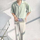Cuban Collar Vertical Texture Design Feeling Men's Half-Sleeved Shirt Loose High-End Fall Leisure