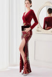 Winter Elegant Velvet With Sequins Deep V Neck Long Sleeve Slit Cocktail Eevening