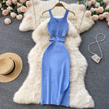Women 2022 White Pencil Dress Tank Sleeve V Neck Bodycon Sexy Vestidos Kpop Vintage Elastic Knitted Female Summer Midi