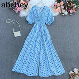 dot holiday casual wide leg jumpsuits V Neck Puff Sleeve Waist Elastic Rompers loose beach long