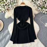 New Pure-Bround Hottie Body Long-Sleeved Knitted Dress Women Simple Round Collar Temperament Short