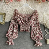 Wooden Ear Print Blouse Holiday Beach Style Slim Fit Pleat Blusas Square Collar Off Shoulder Chiffon Shirt